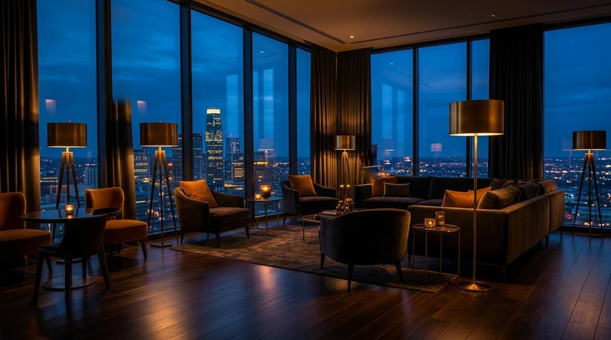 Hotel lounge at night with a city view
