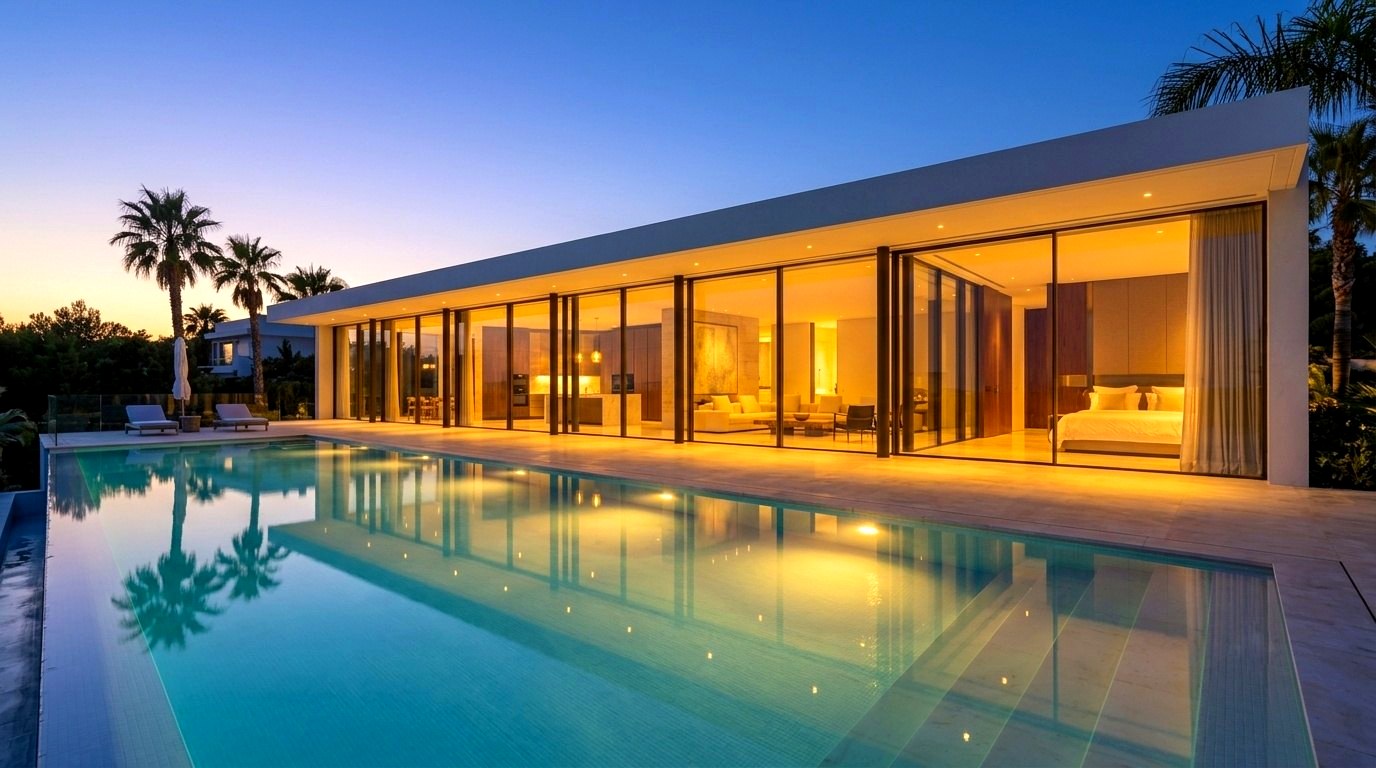 Holiday villa with a pool at dusk
