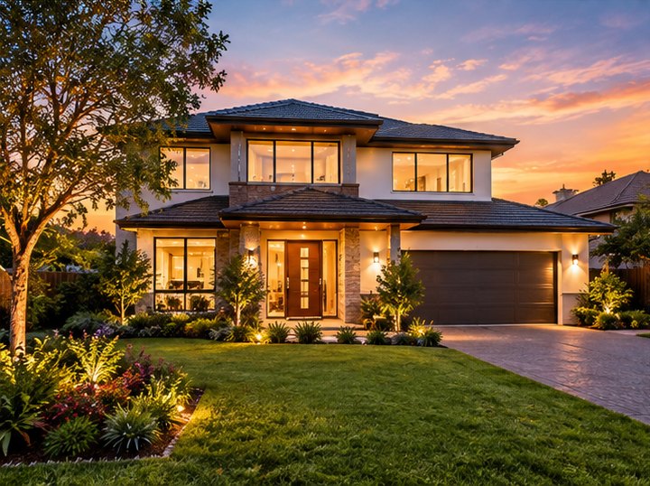 Modern house at dusk, ready for a virtual tour